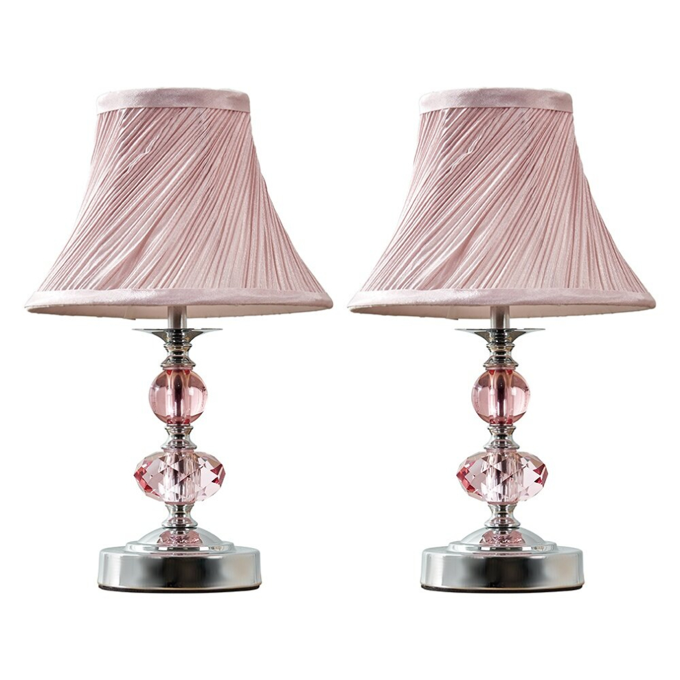 Pair of - Modern Polished Chrome and Pink Touch Table Lamps with a Pleated Shade