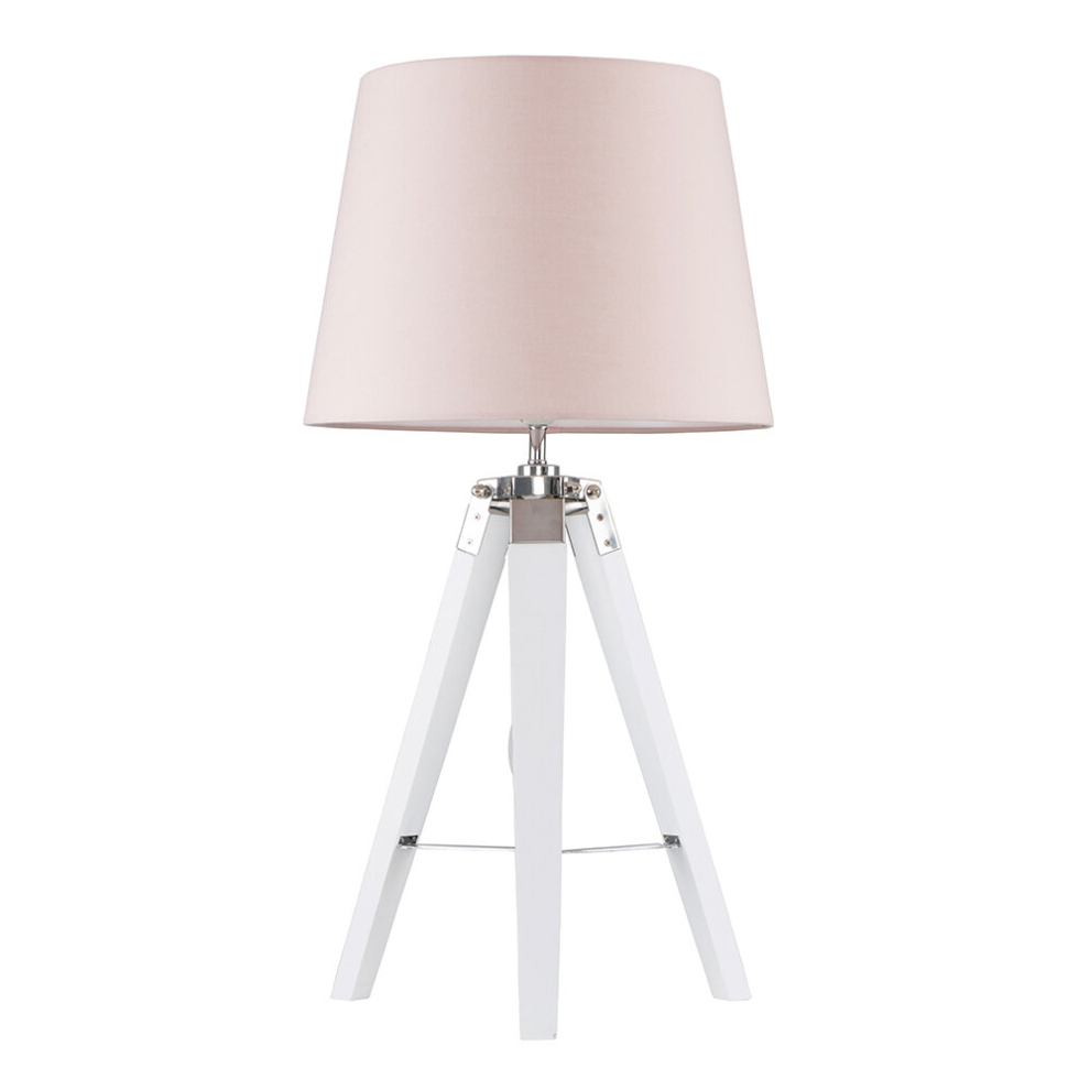 Modern White Wood and Silver Chrome Tripod Table Lamp with a Pink Tapered Shade - Complete with a 6w LED GLS Bulb [3000K Warm White]