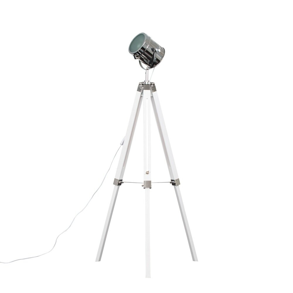Modern White & Chrome Industrial Photography/Film Studio Style Adjustable Spotlight Tripod Floor Lamp - With a 6w LED GLS Bulb [3000K Warm White]
