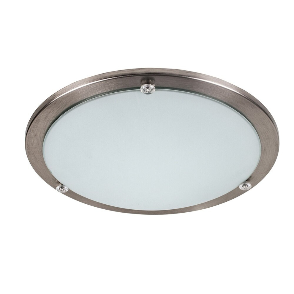 Modern Bezel Chrome and Frosted Opal White Glass Flush Round Disc Ceiling Light Fitting - Complete with a 4w LED Candle Bulb [3000K Warm White]