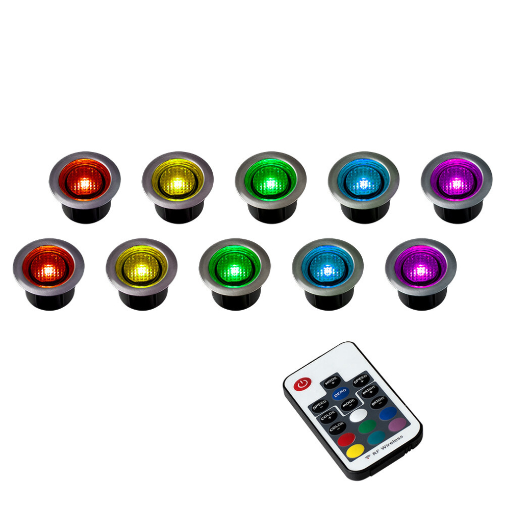 Pack of 10 40mm Remote Control Colour Changing LED Round Garden Decking/Kitchen Plinth Lights Kit