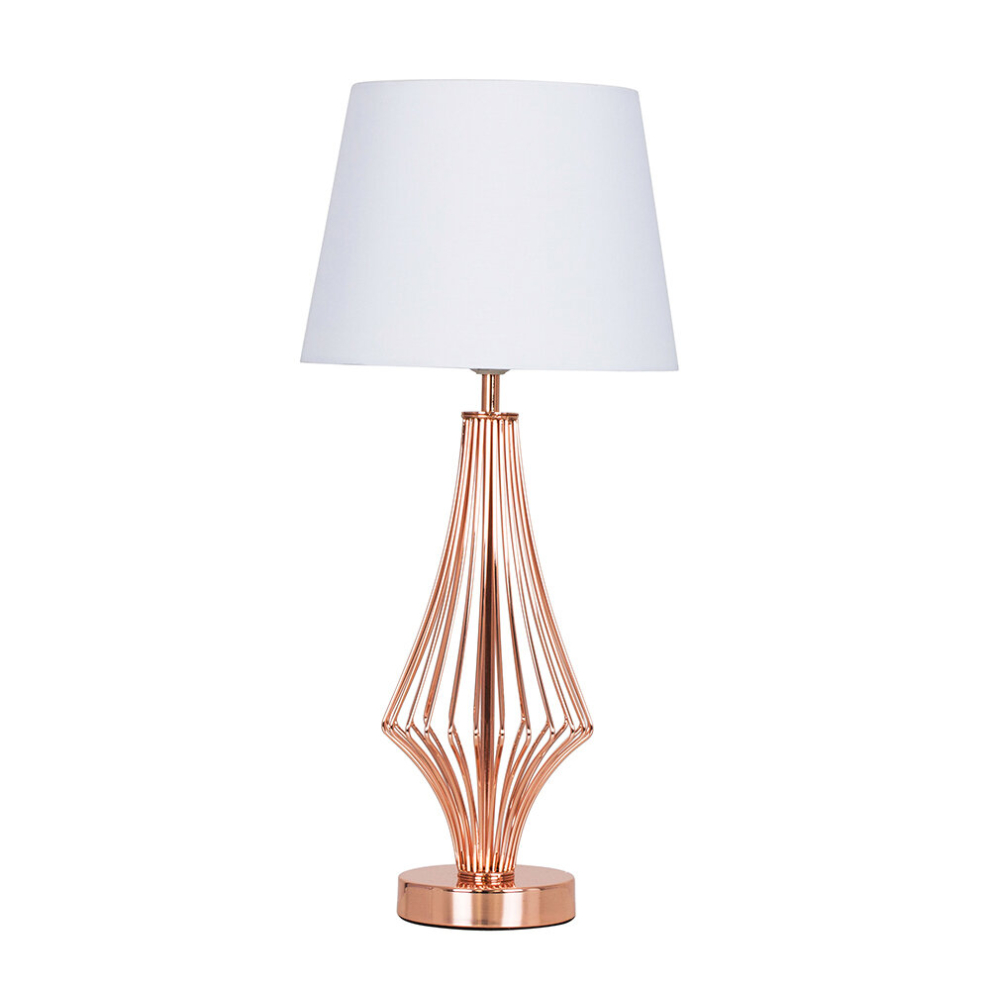 Modern Polished Copper Metal Wire Geometric Diamond Design Table Lamp with a White Tapered Shade - Complete with a 6w LED GLS Bulb [3000K Warm White]