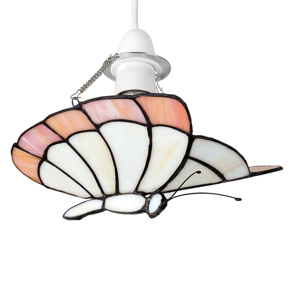 Tiffany Style White/Peach Glass Butterfly Ceiling Pendant Light Shade - Complete with a 6w LED GLS Bulb [3000K Warm White]