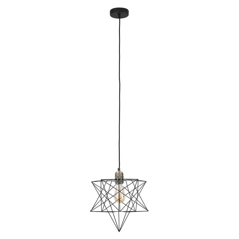 Retro Antique Brass Ceiling Pendant Light Fitting with a Black Geometric Star Shade - Complete with a 4w LED Filament Bulb [2700K Warm White]