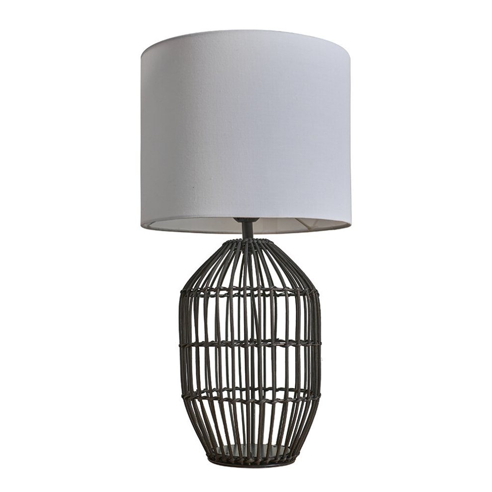 Contemporary Small Matt Black Rattan Cylinder Table Lamp with a White Cylinder Shade - Complete with a 6w LED GLS Bulb [3000K Warm White]