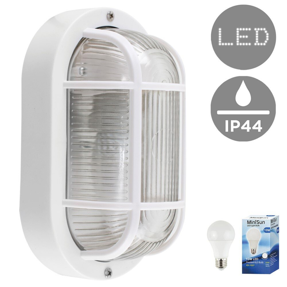 Modern White Outdoor Garden Security Bulkhead Wall Light IP44 Rated - Complete with a 10w LED GLS Bulb [6500K Cool White]