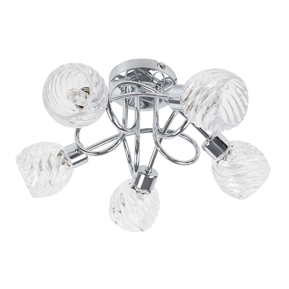 Contemporary 5 Way Polished Chrome Curved Arm Flush Ceiling Light with Stunning Swirled Glass Dome Shades - With 3w LED G9 Bulbs [3000K Warm White]