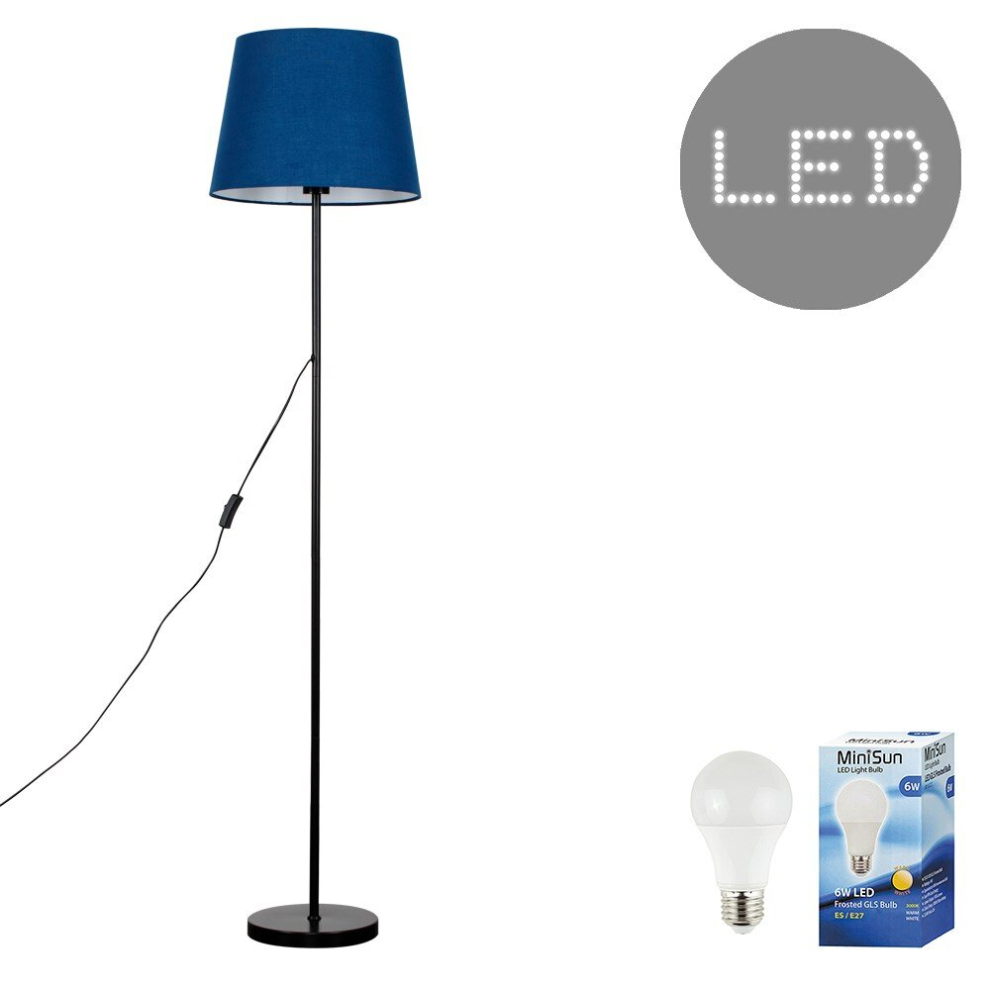 Standard Floor Lamp Base in a Black Metal Finish with a Navy Blue Tapered Shade - Complete with a 6w LED GLS Bulb [3000K Warm White]