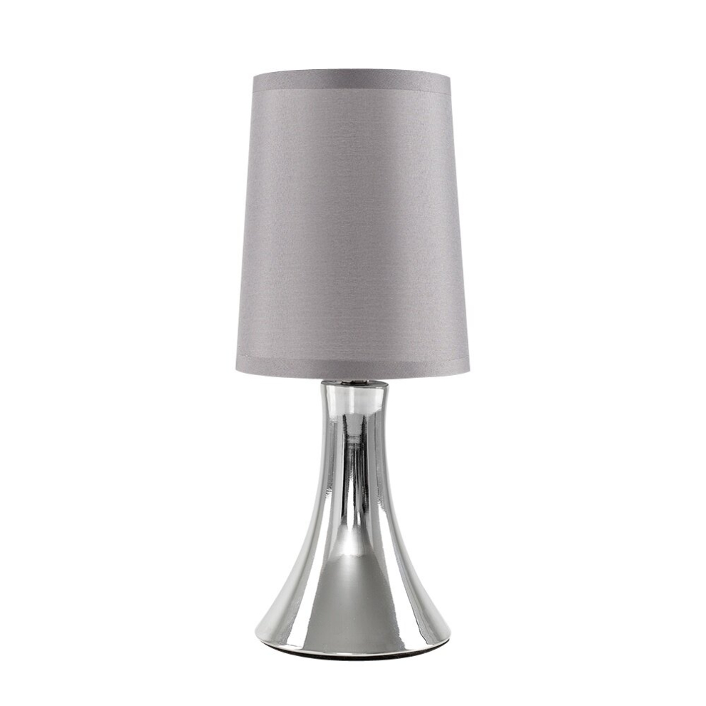 Small Modern Chrome Touch Table Lamp with a Grey Fabric Shade - Complete with a 5w LED Dimmable Candle Bulb [3000K Warm White]