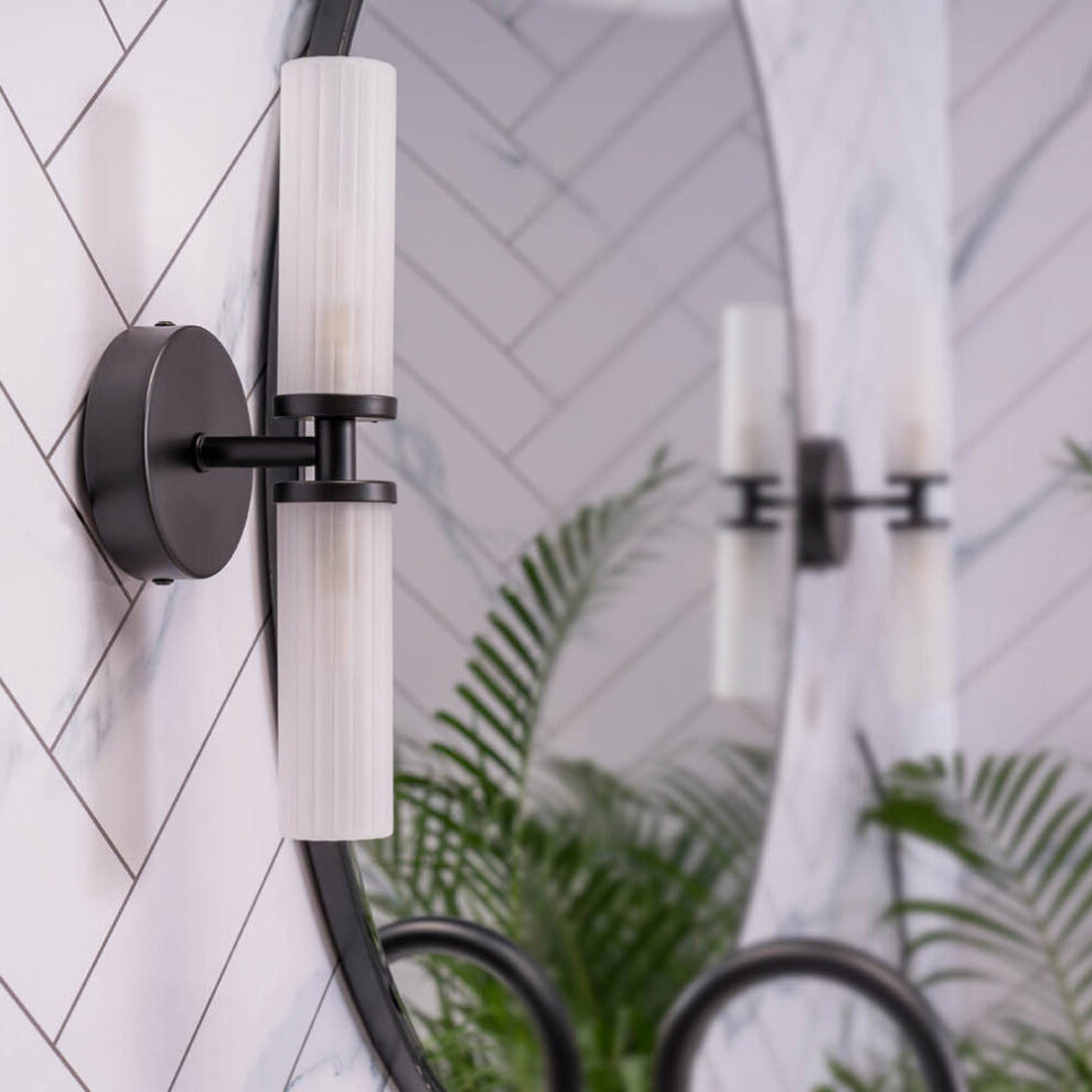 ValueLights Canya Black IP44 2 Way Frosted Reeded Glass Wall Light