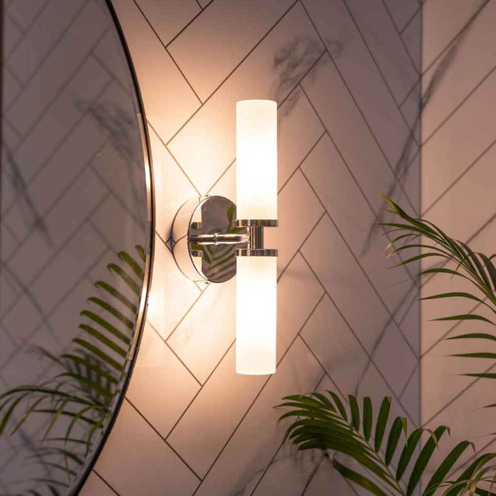 Modern 2 Way Polished Silver Chrome & Reeded Glass Shade IP44 Bathroom Living Room Wall Light Fitting