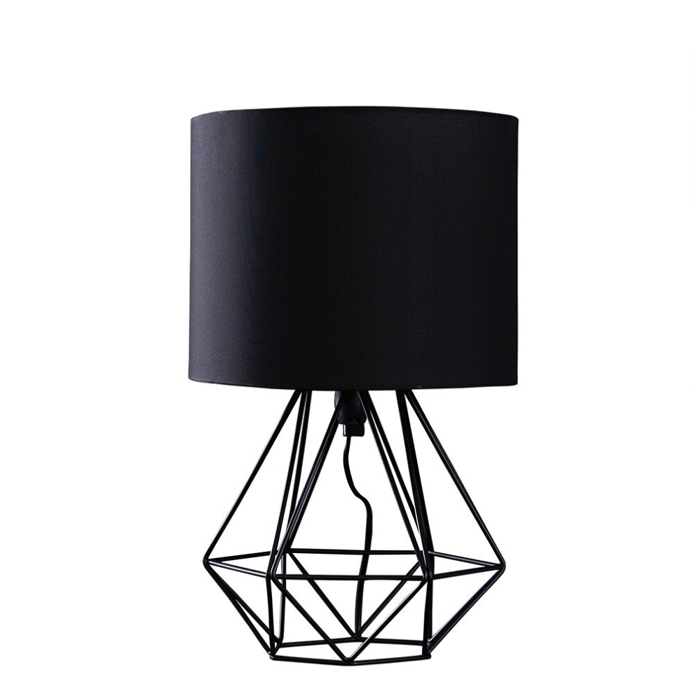 Black Metal Cage Bedside Table Lamp with Black Shade & 4w LED Bulb