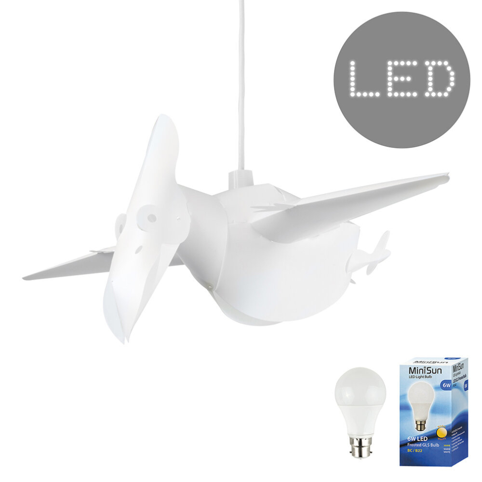 Fun Children's Bedroom/Baby Nursery White Pterodactyl Dinosaur Ceiling Lamp Pendant Light Shade + 10w LED Bulb 3000K Warm White with Remote Control