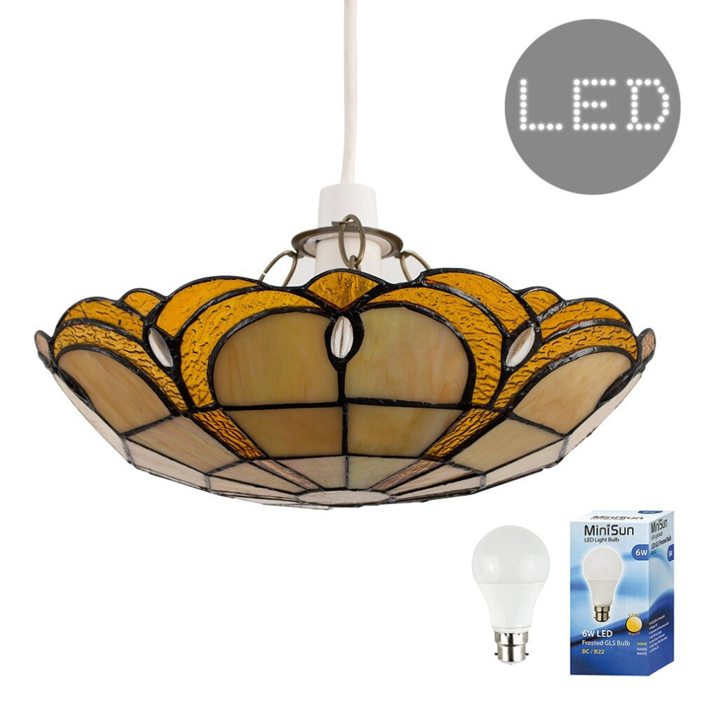 Tiffany Style Amber Jewelled Glass Uplighter Design Ceiling Pendant Light Shade - Complete with a 6w LED GLS Bulb [3000K Warm White]