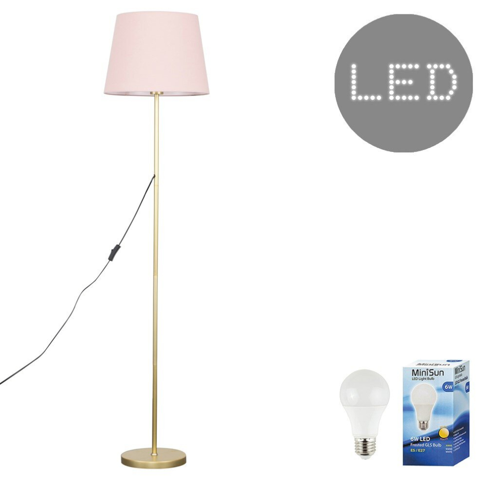 Modern Standard Floor Lamp in a Gold Metal Finish with a Pink Tapered Shade - Complete with a 6w LED GLS Bulb [3000K Warm White]