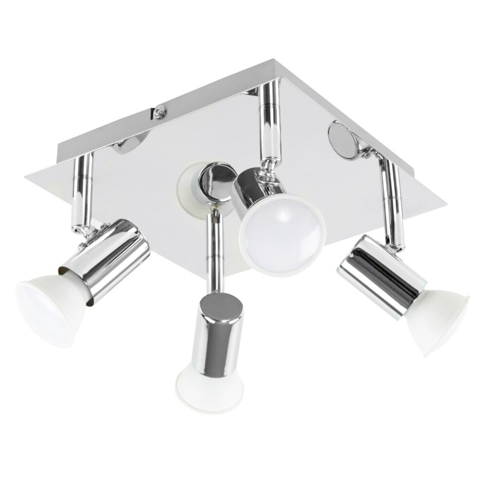 Modern Polished Chrome Square Plate 4 Way Ceiling Spotlight - with 4 x 5W Cool White GU10 LED Bulbs