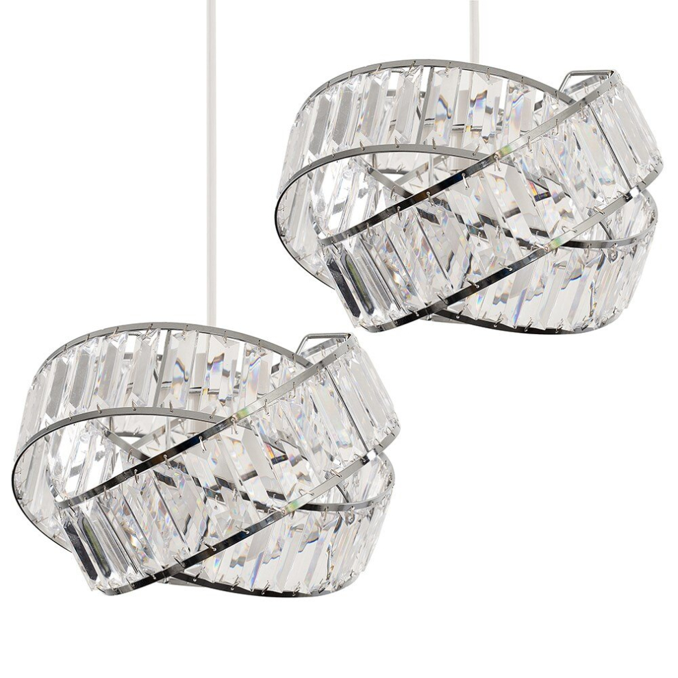 Pair of - Polished Chrome & Clear Acrylic Jewel Intertwined Rings Design Ceiling Pendant Light Shades - With 10w LED GLS Bulbs [3000K Warm White]