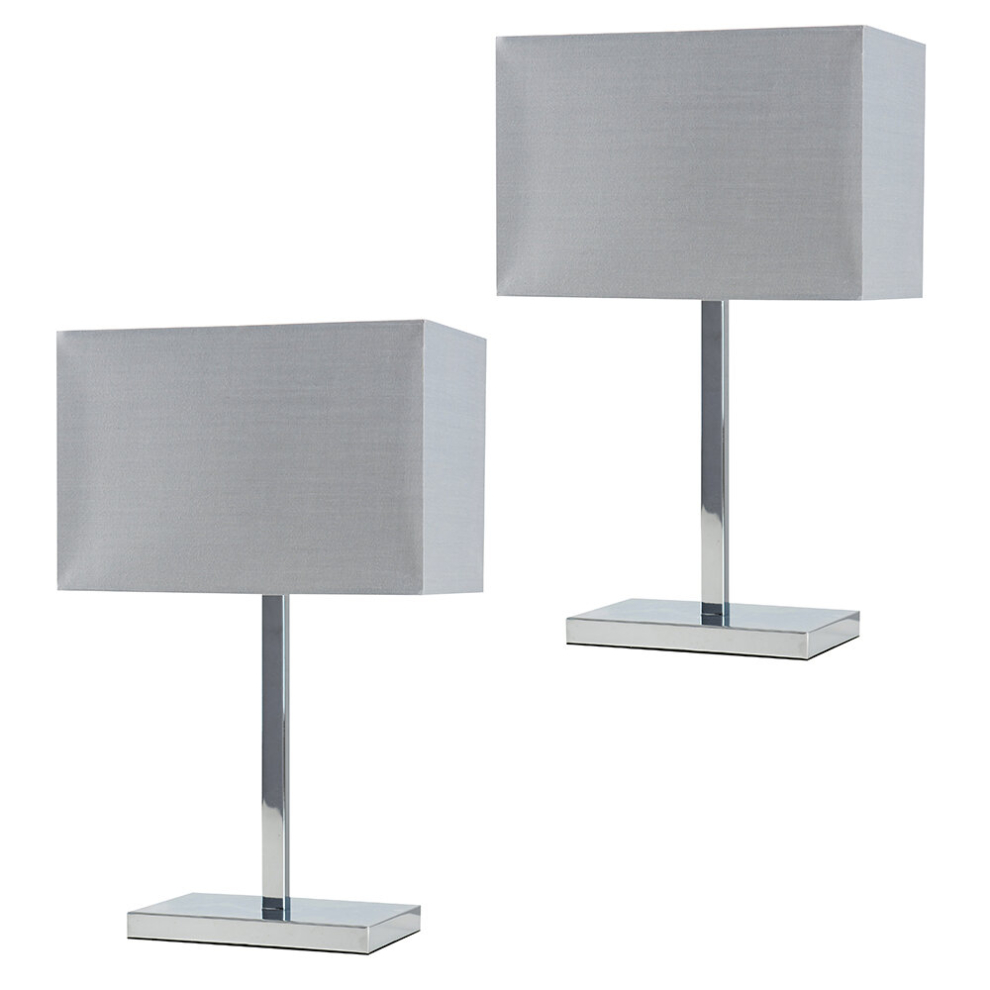 Pair of - Modern Polished Chrome Square Tube Table Lamps with a Grey Rectangular Shade - Complete with 4w LED Bulbs [3000K Warm White]