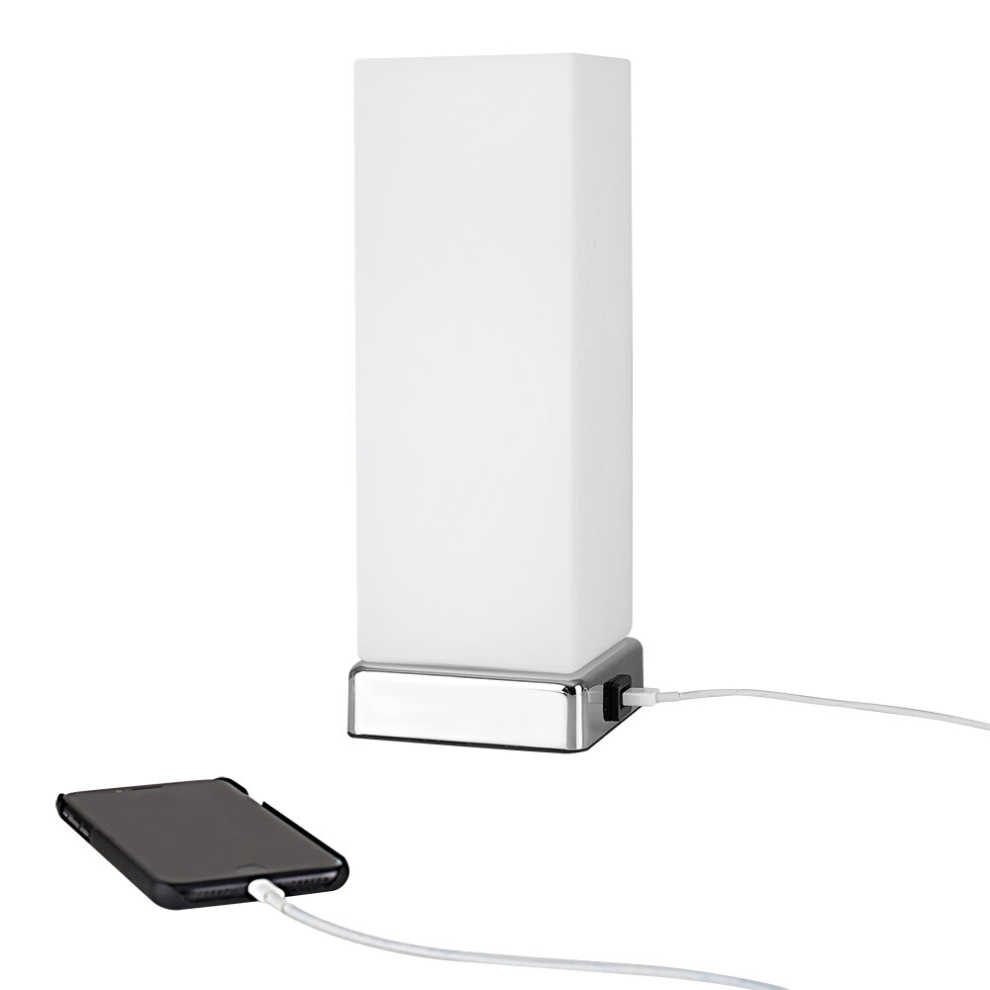 Modern Chrome & White Frosted Glass Bedside Touch Table Lamp with USB Charging Port - Complete with a 5w Dimmable LED Candle Bulb [3000K Warm White]