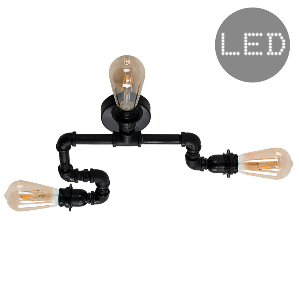 Industrial 3 Way Black Pipework Ceiling Light 4w LED Filament Bulbs