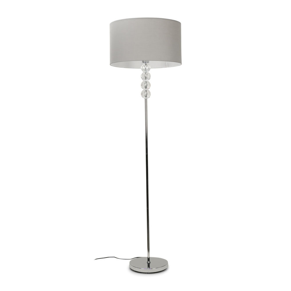 Modern Chrome & Clear Acrylic Balls Floor Lamp with a Grey Fabric Drum Shade
