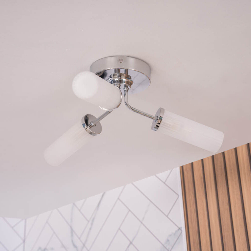 ValueLights Canya Chrome IP44 3 Way Reeded Glass Flush Ceiling Light