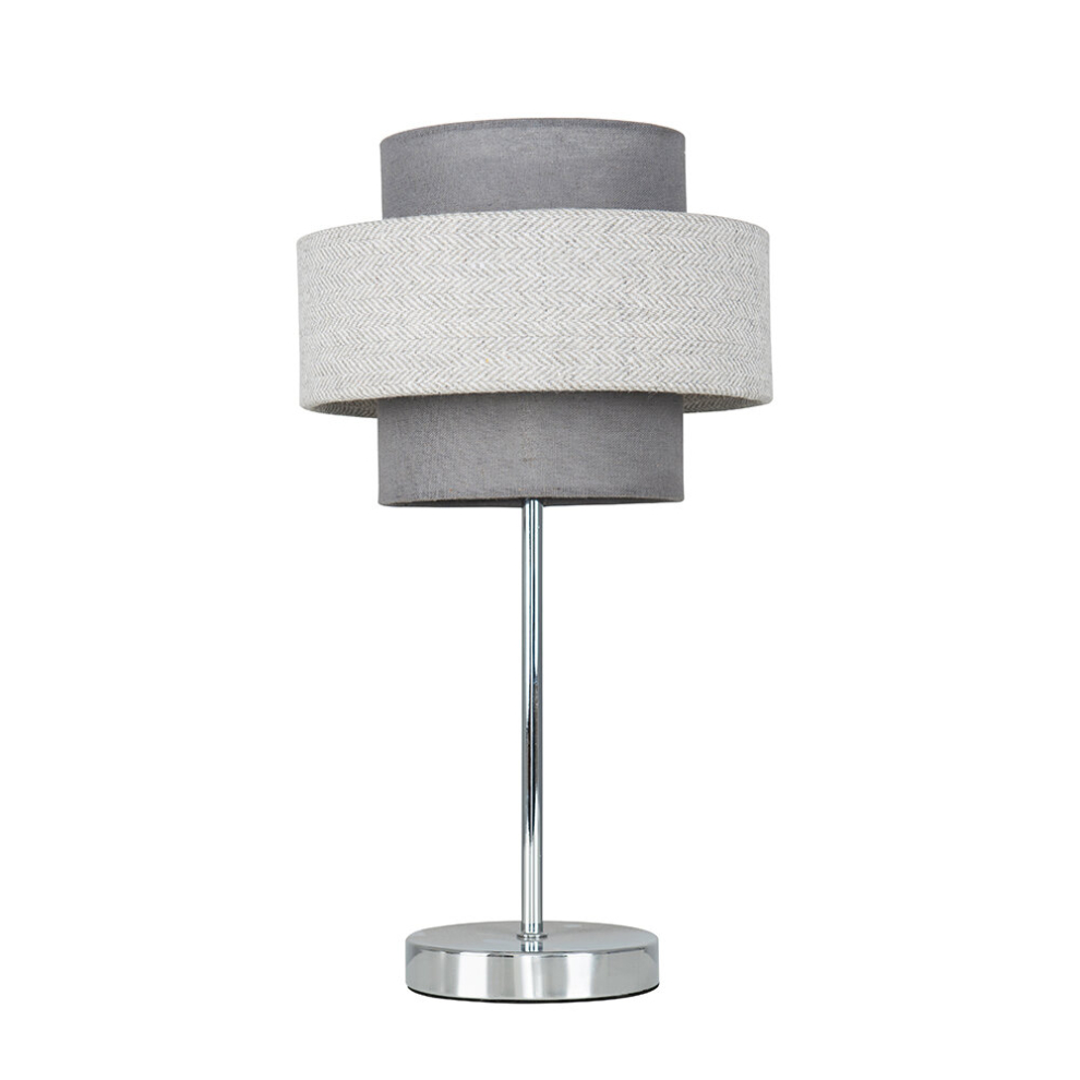 Modern Polished Chrome Touch Bedside Table Lamp with a Dark Grey & Light Grey Herringbone Shade