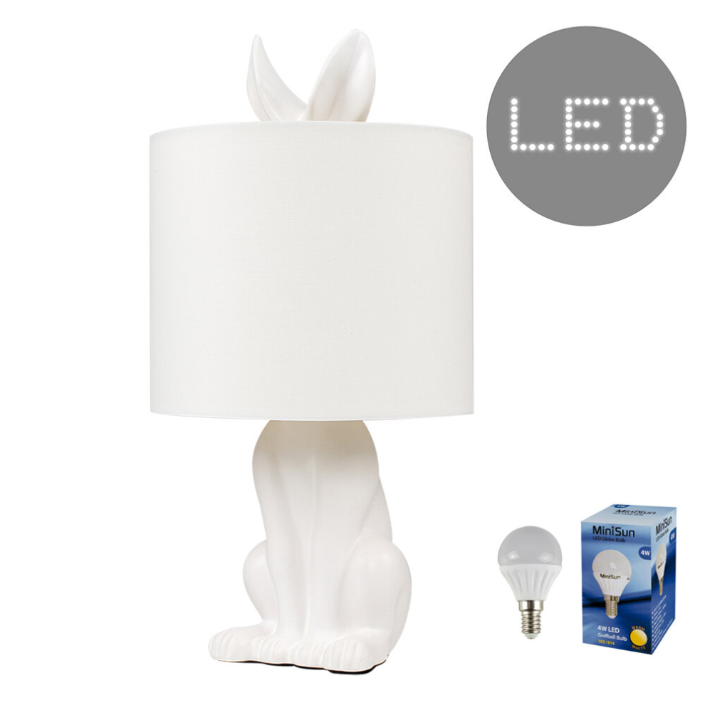 Modern Matt White Ceramic Rabbit/Hare Table Lamp with a White Shade - Complete with a 4w LED Golfball Bulb [3000K Warm White]