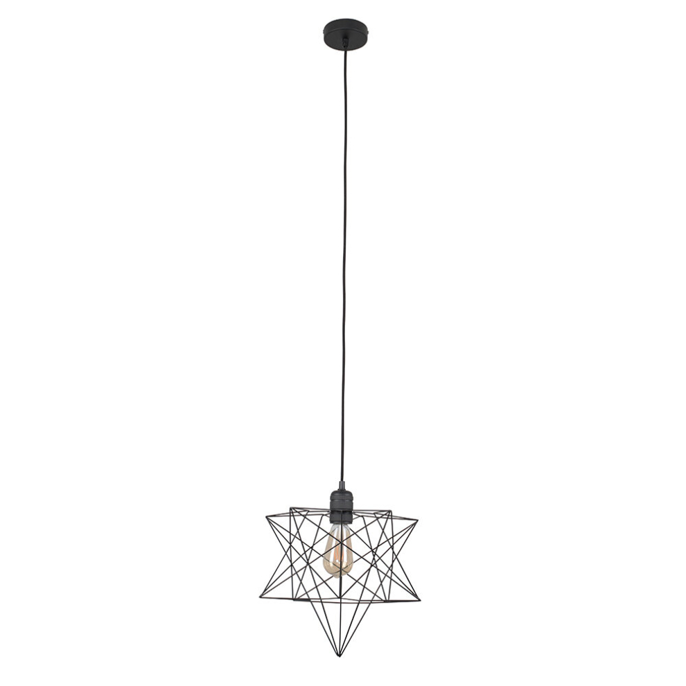 Retro Matt Black Ceiling Pendant Light Fitting with a Geometric Star Shade - Complete with a 4w LED Filament Bulb [2700K Warm White]