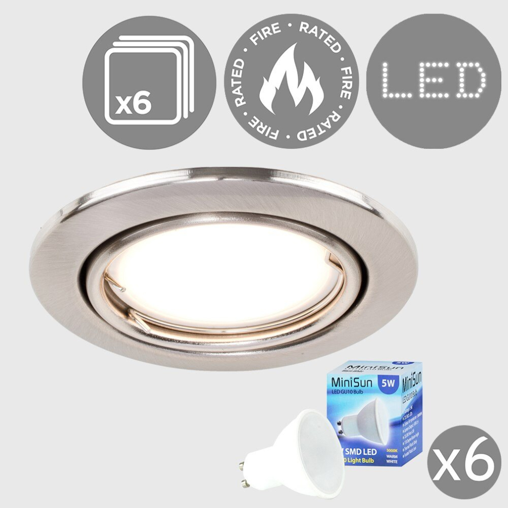 Pack of 6 Fire Rated Brushed Chrome Tiltable GU10 Recessed Ceiling Downlights - Complete with 5w LED Bulbs [3000K Warm White]