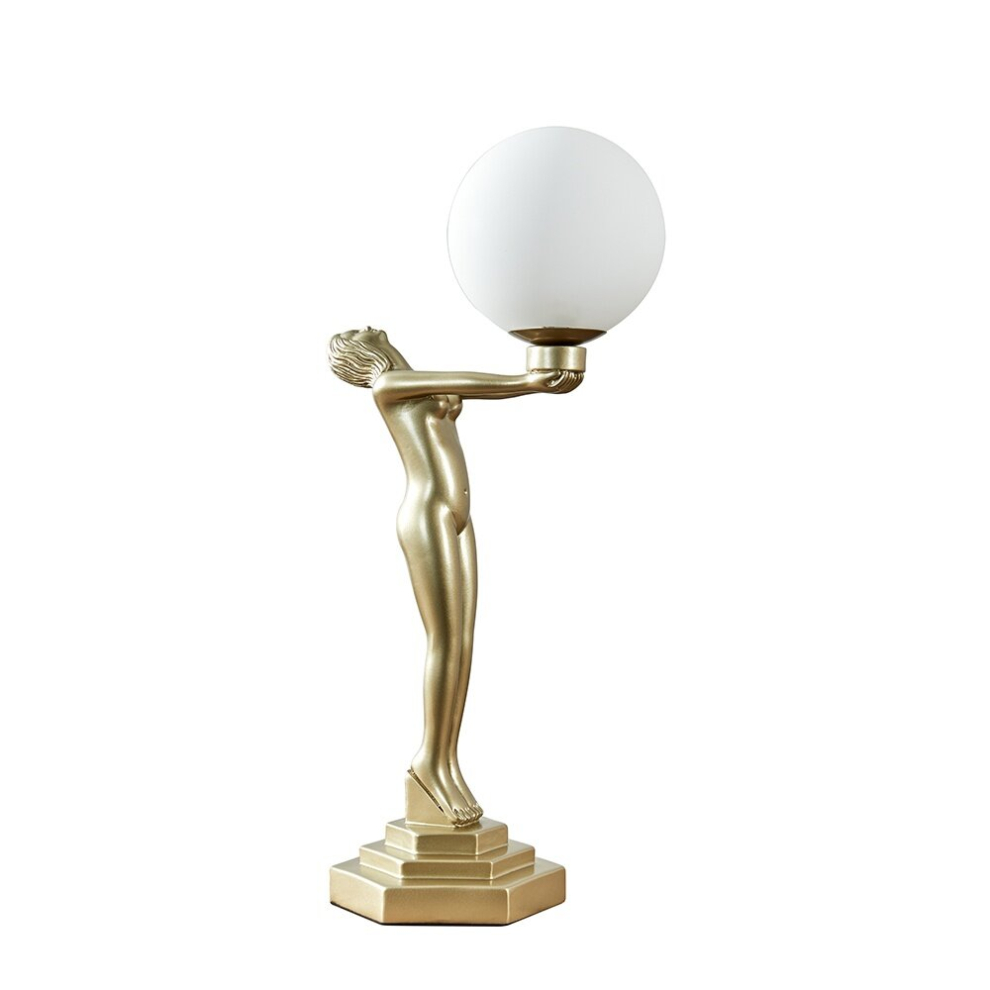 Matt Gold Art Deco Female Holding Light Table Lamp with a White Opal Glass Globe Shade - Complete with a 4w LED Golfball Bulb [3000K Warm White]