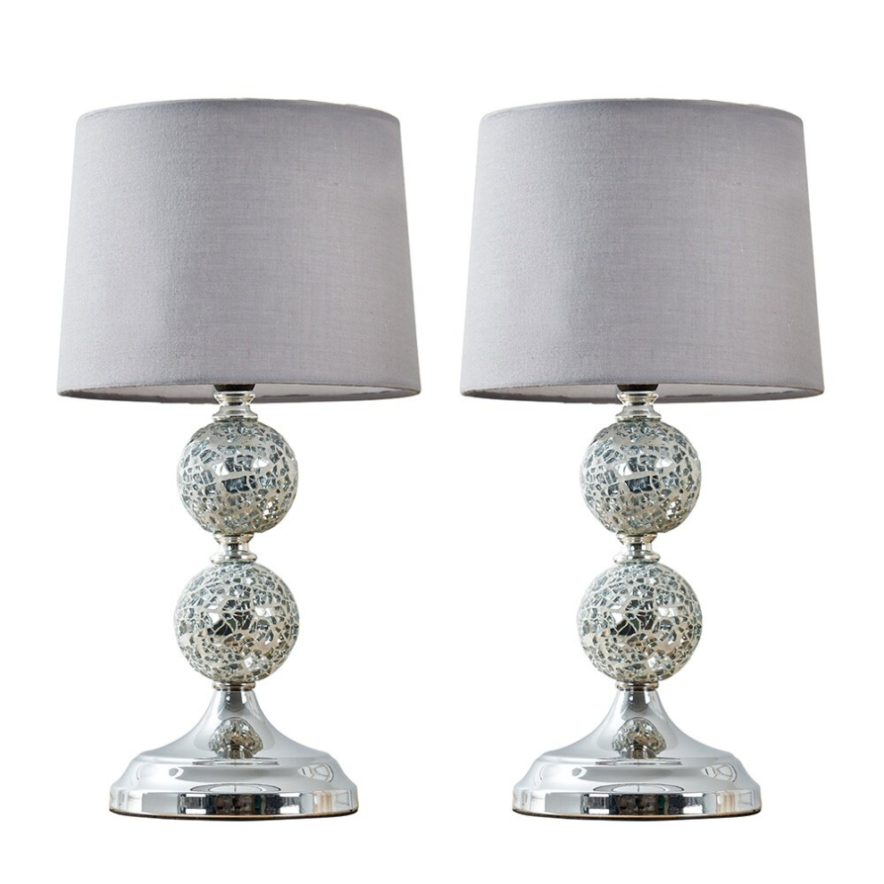 Pair of - Modern Decorative Chrome & Mosaic Crackle Glass Table Lamps with a Grey Shade - Complete with 4w LED Bulbs [3000K Warm White]