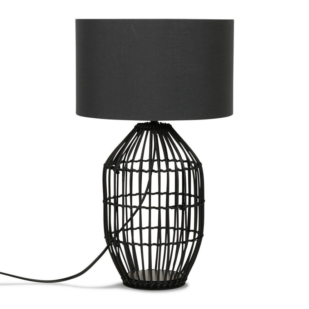 Contemporary Small Matt Black Rattan Cylinder Table Lamp with a Dark Grey Cylinder Shade - Complete with a 6w LED GLS Bulb [3000K Warm White]