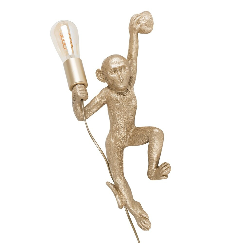 Modern Gold Monkey Holding Light Bulb Design Wall Light - Complete with a 4w LED Helix Filament Bulb [2200K Warm White]