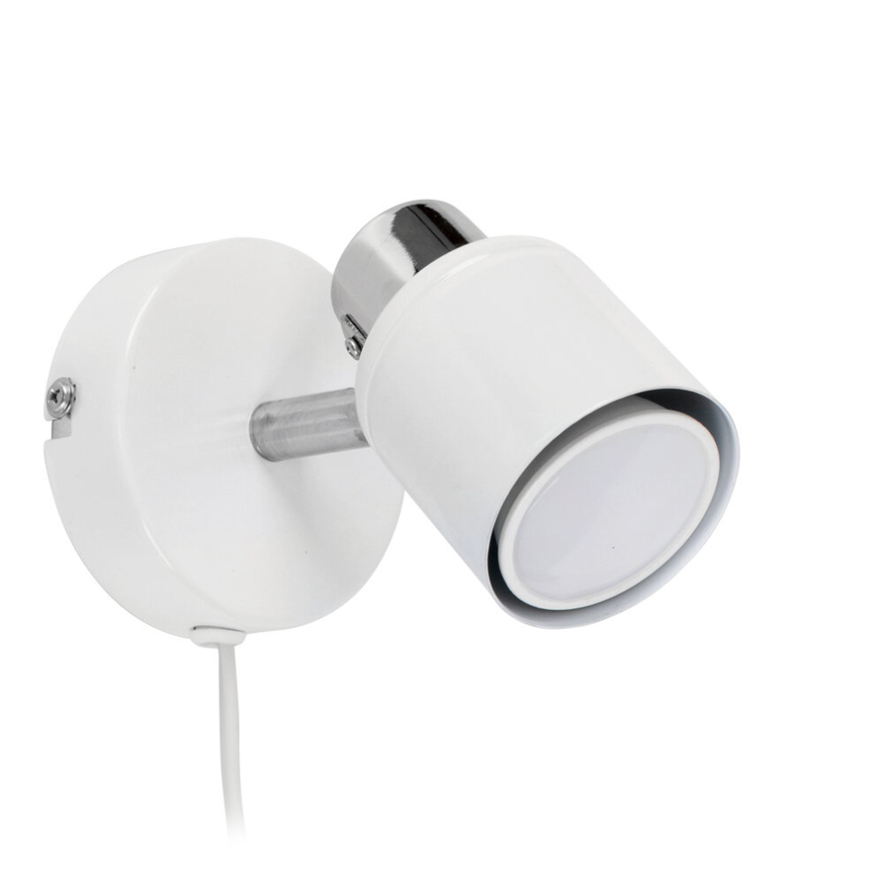 Modern White and Chrome Single Adjustable Wall Spotlight with Practical Plug, Cable and Switch - Supplied with 1 x 5W Cool White GU10 LED Bulb