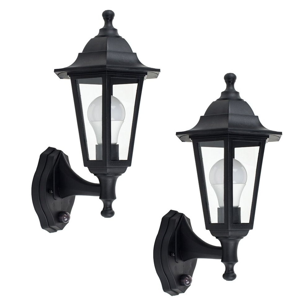 Pair of Traditional Style Black Outdoor Security PIR Motion Sensor IP44 Rated Wall Light Lanterns