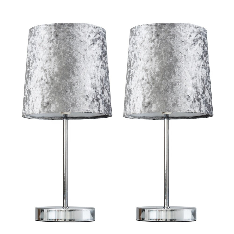 Pair of - Modern Polished Chrome Table Lamps with a Silver Grey Velvet Shade - Complete with 4w LED Bulbs [3000K Warm White]