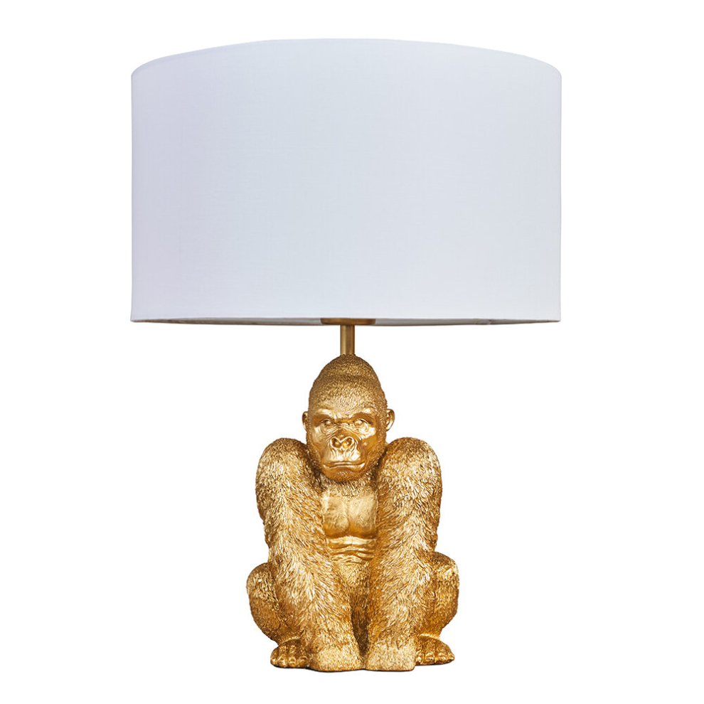 Modern Gold Sitting Gorilla Design Table Lamp with a White Cylinder Shade - Complete with a 4w LED Golfball Bulb [3000K Warm White]