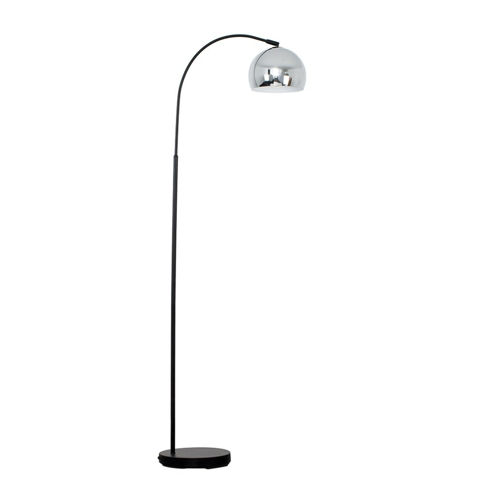 Designer Style Black  Stem Floor Lamp with a Polished Chrome Arco Style Metal Dome Light Shade - With a 6w LED GLS Bulb [3000K Warm White]