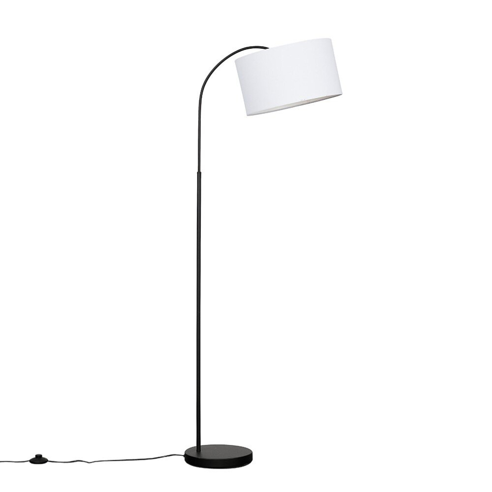 Modern Designer Style Black Curved Stem Floor Lamp with a White Cylinder Shade - Complete with a 6w LED GLS Bulb [3000K Warm White]