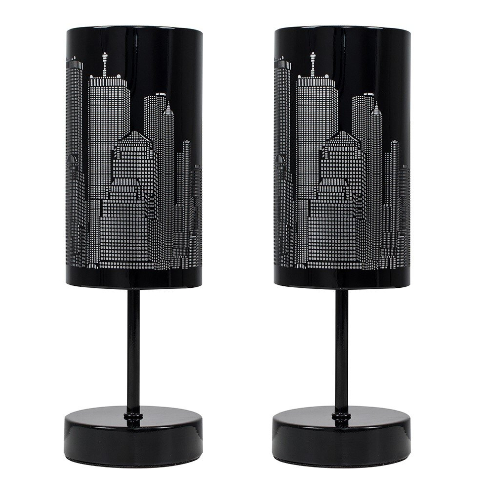 Pair of - Modern Gloss Black Touch Table Lamps with New York Skyline Shades - Complete with 5w LED Dimmable Candle Bulbs [3000K Warm White]