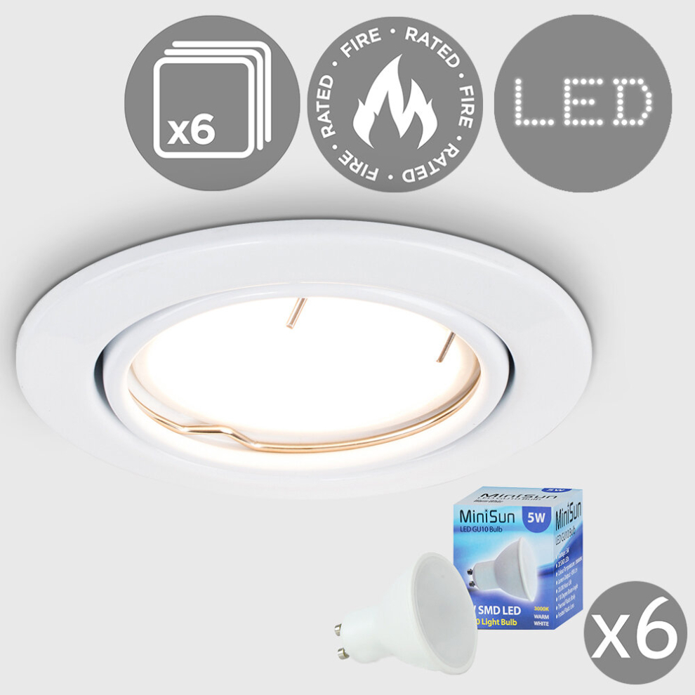 Pack of 6 Fire Rated Gloss White Tiltable GU10 Recessed Ceiling Downlights - Complete with 5w LED Bulbs [3000K Warm White]
