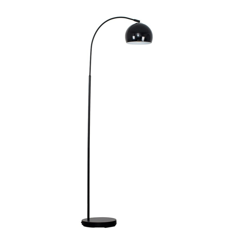 Modern Designer Style Black Curved Stem Floor Lamp with a Gloss Black Arco Style Metal Dome Light Shade - With a 6w LED GLS Bulb [3000K Warm White]