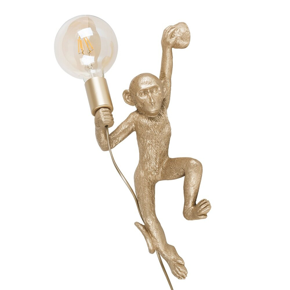 Modern Gold Monkey Holding Light Bulb Design Wall Light - Complete with a 6w LED Filament Globe Bulb [2700K Warm White]