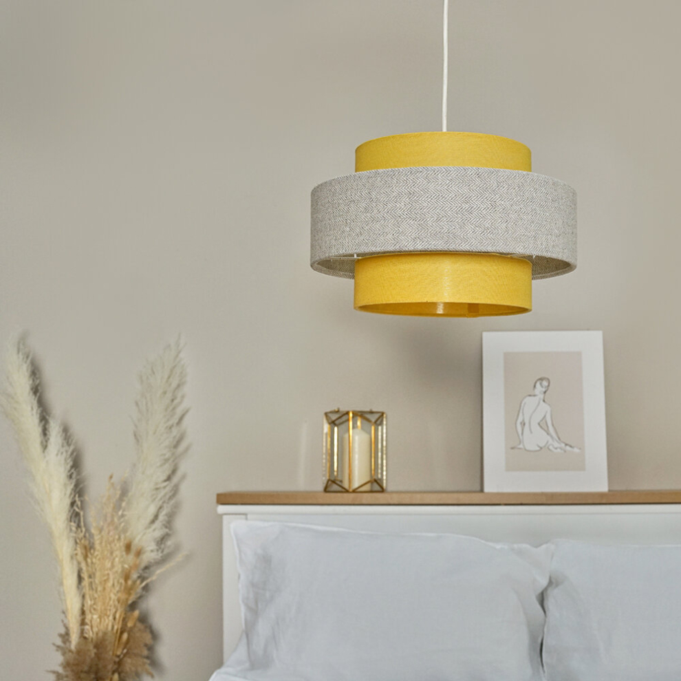 Pair of - Modern Cylinder Ceiling Pendant Light Shades in a Mustard & Grey Herringbone Finish - Complete with 10w LED GLS Bulbs [3000K Warm White]