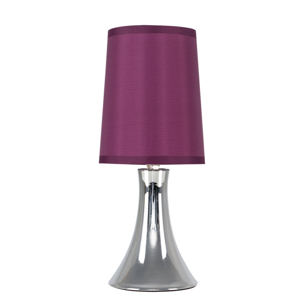 Small Modern Chrome Trumpet Touch Table Lamp with Purple Fabric Shade