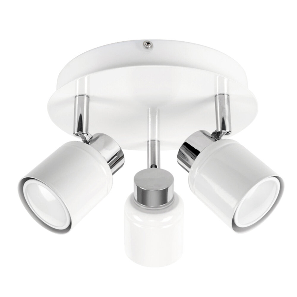 Modern Chrome & White Adjustable 3 Way Round Plate Ceiling Spotlight - IP44 Rated - Complete with 3 x 5W GU10 Cool White LED Bulbs