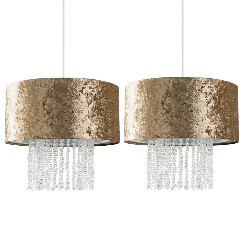 Pair of - Modern Gold Velvet Cylinder Ceiling Pendant Light Shades with Clear Acrylic Droplets - Complete with 10w LED Bulbs [3000K Warm White]