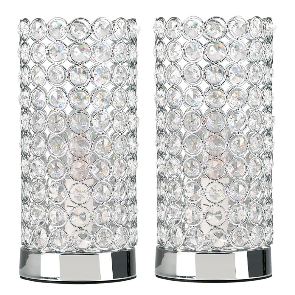 Pair of - Modern Polished Chrome & Clear K9 Crystal Jewel Cylinder Touch Table Lamps