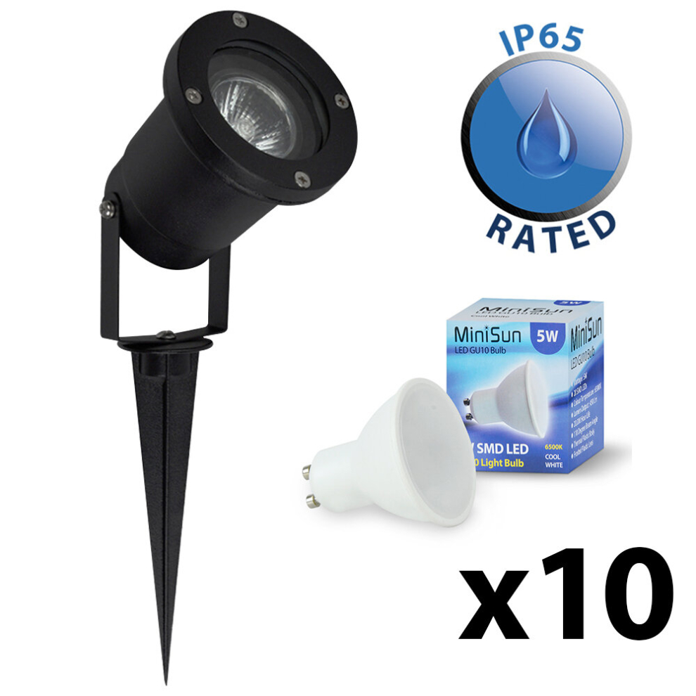 Pack of 10 - Modern Ground Spike/Wall Mount IP65 Rated Outdoor Lights in a Black Finish - Complete 5w LED GU10 Bulbs [6500K Cool White]